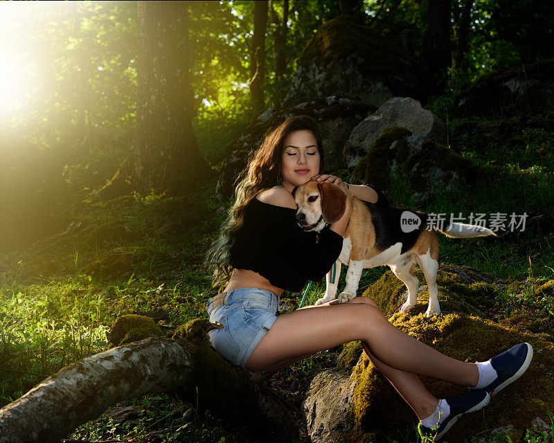 年轻的女人和比格犬在树林里，拥抱/爱